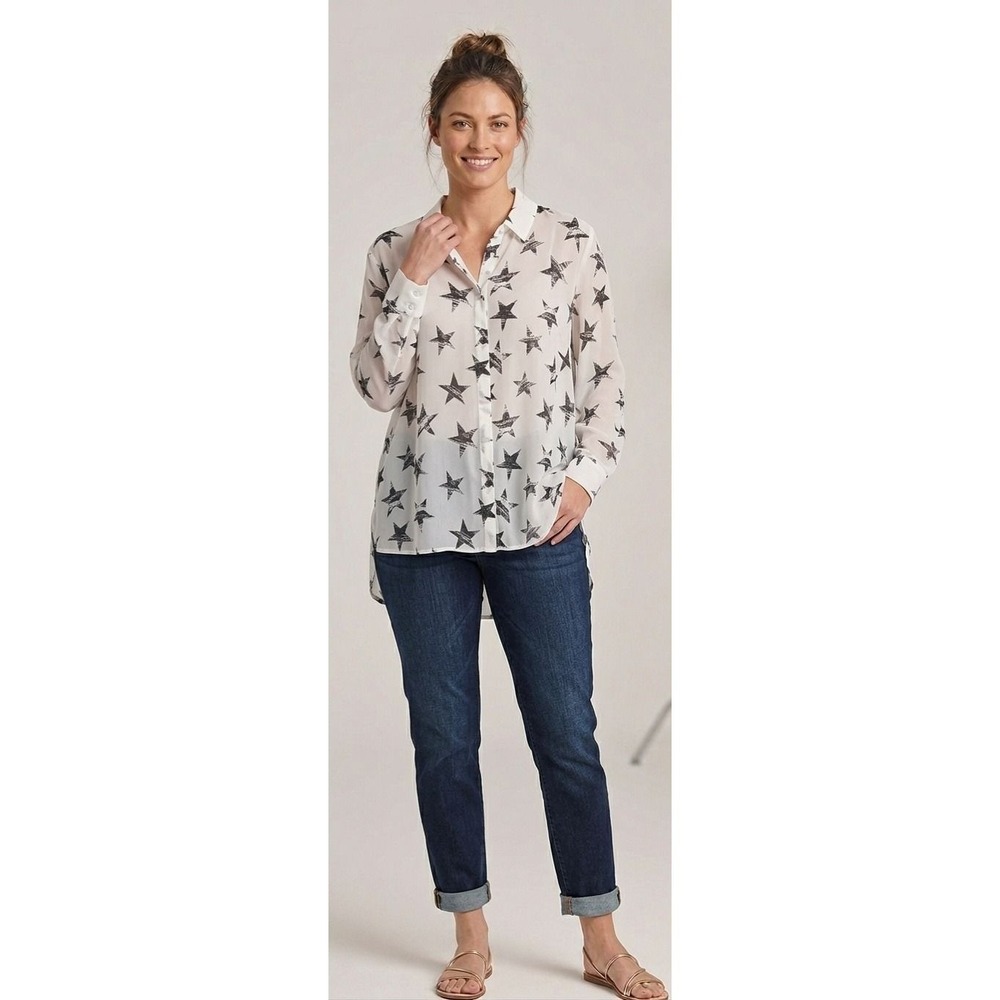 Lane Bryant White Black Distressed Star Print Sheer Button Down 22/24
